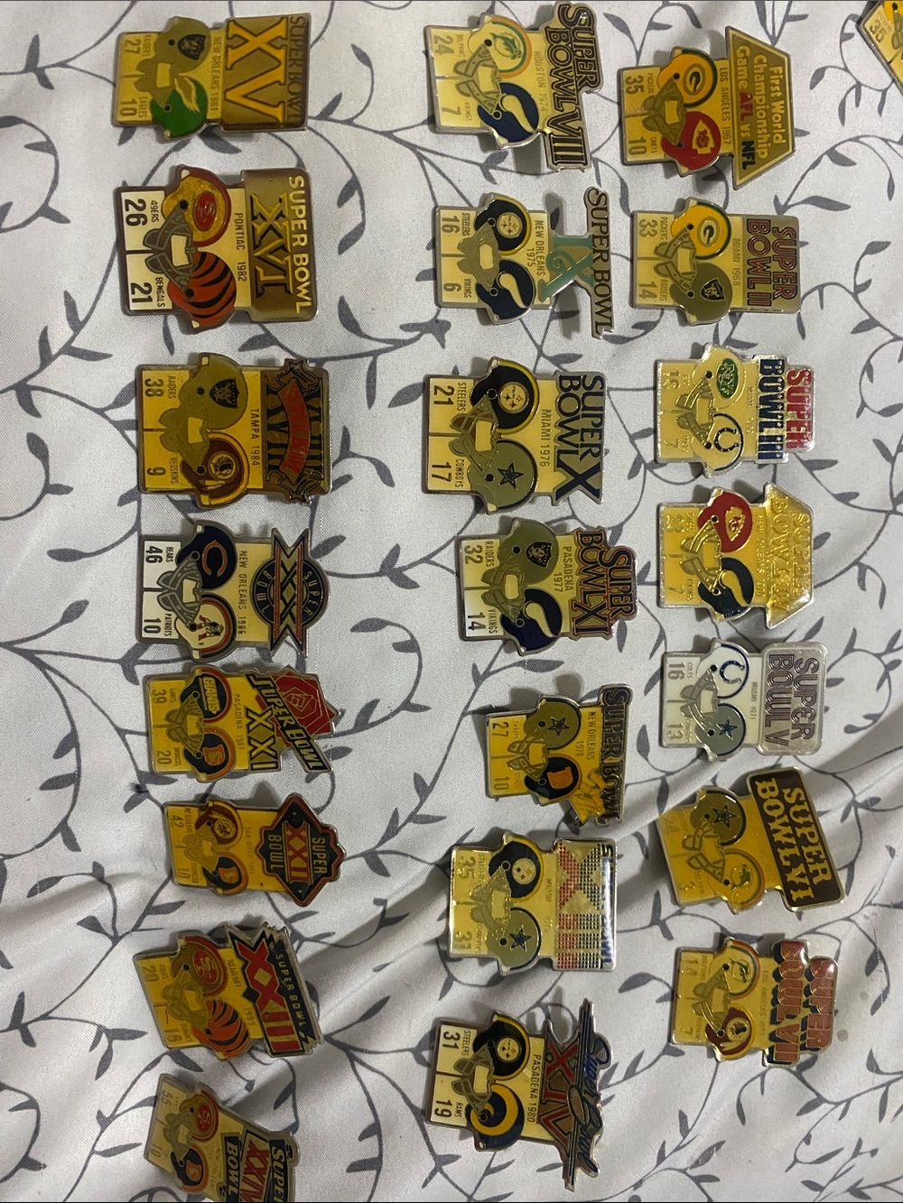 Super Bowl Collectible Enamel Pin Lot - 1967-1982, 1984, 1986-1990
